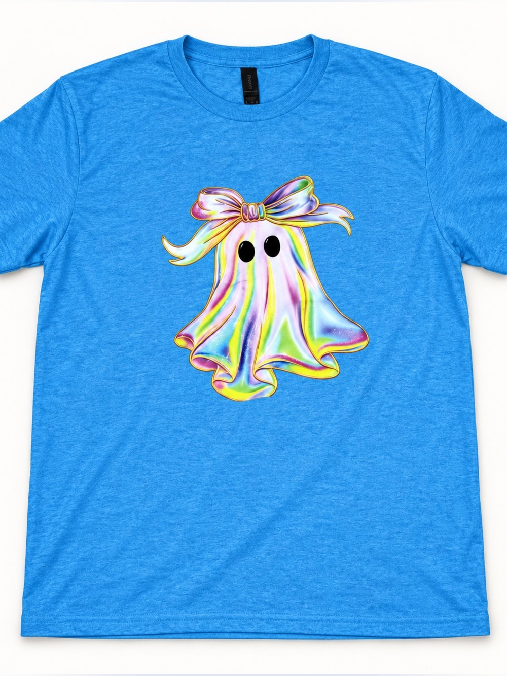 Gildan Heather Blue Tee with Iridescent Ghost Bow Graphic size medium